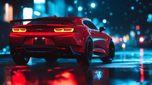 Red sports coupe idles under neon rain on wet city street