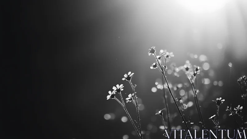 Soft morning light kissing wildflowers in quiet grayscale.