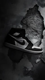 Monochrome high-top sneaker contrasts against rugged wall.