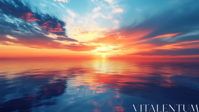 Radiant ocean horizon under saturated sunset sky glow.