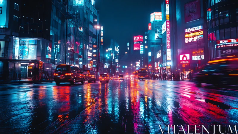 Neon lit urban street with traffic on wet reflective road.