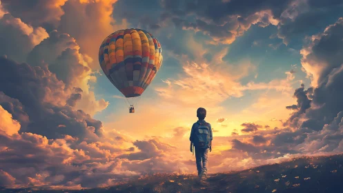 Boy watches a hot air balloon drift into a glowing sunset sky
