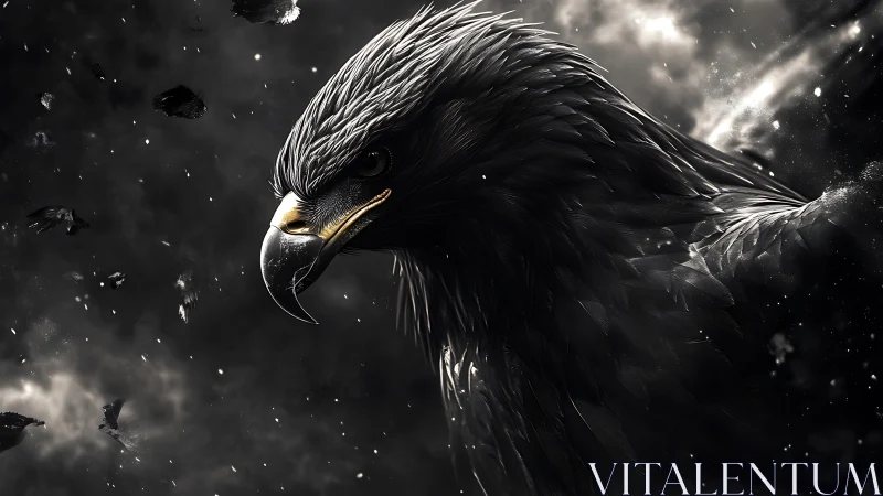 Predatory eagle portrait amid stormy monochrome clouds.