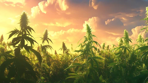 Cannabis field rendered under low-angle sunset illumination