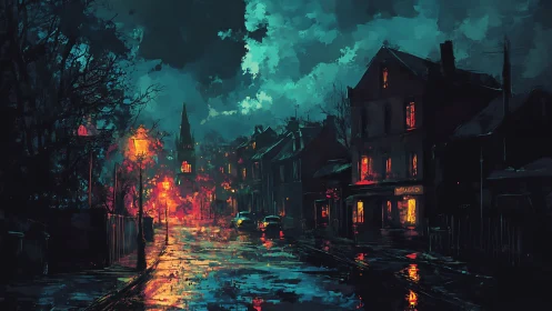 Rain slicked town street glows under moody teal sky.