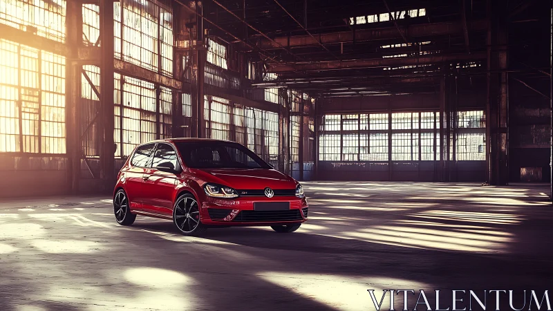 Red hatchback car stands under industrial backlit window grid
