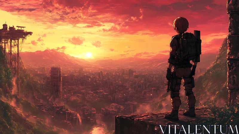 Armored sentry surveying post-collapse megacity at sunset.