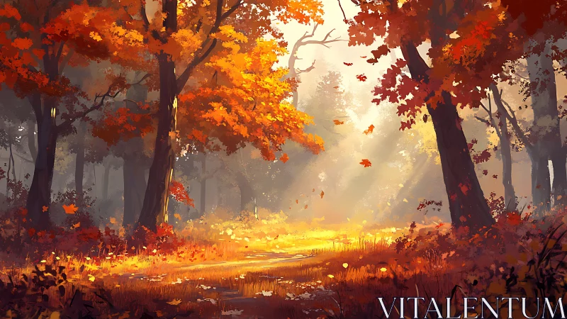 Autumn Forest Clearing with Golden Light and Falling Leaves.
