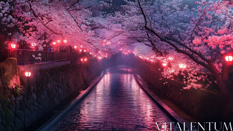 Lantern-lit cherry river drifts through a neon spring dream