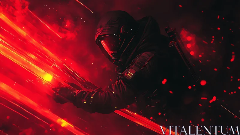 Cyber soldier slices molten red light through darkness.