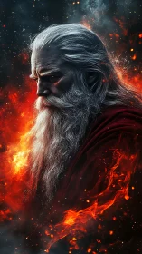 Elderly white‑haired male figure amid swirling fire effects.