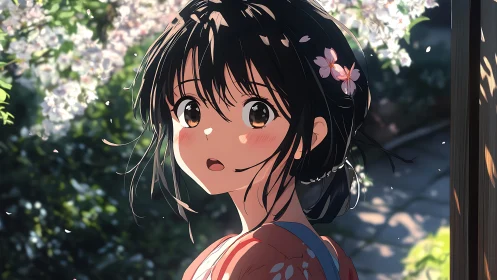 Anime spring portrait with blossom backlight composition.
