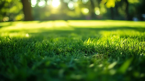 Sunlit Green Grass Closeup with Soft Focus in Natural Park Setting.