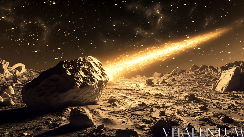 Rocky alien landscape with bright meteor trail at night.