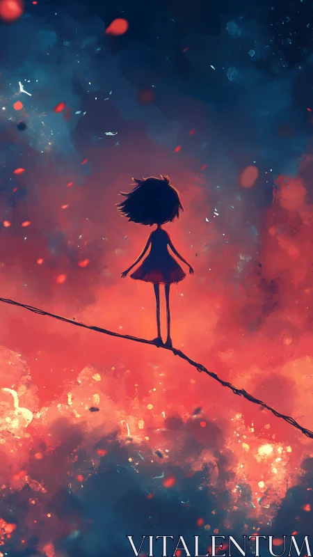 Brave little dreamer stands steady on a glowing night wire