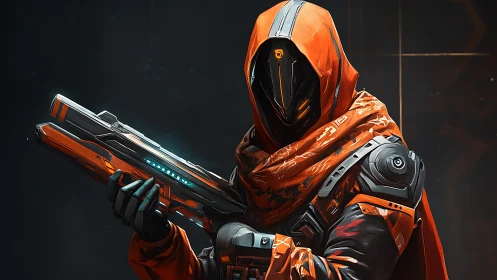 Cybernetic bounty hunter stands armed in glowing orange armor.
