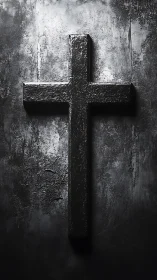 Textured black cross on worn dark concrete wall.