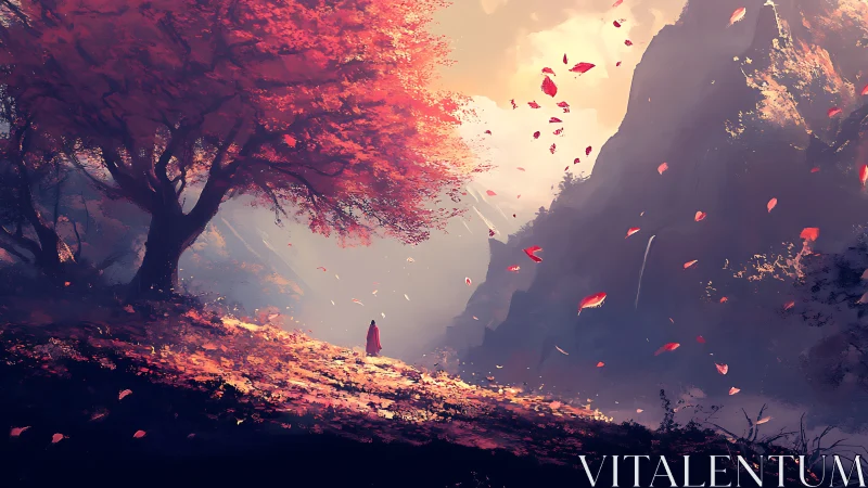 Solitary figure under red autumn tree in vast valley landscape.