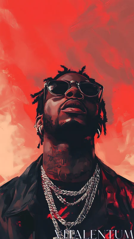 Digital portrait of man in sunglasses and chains on red field.