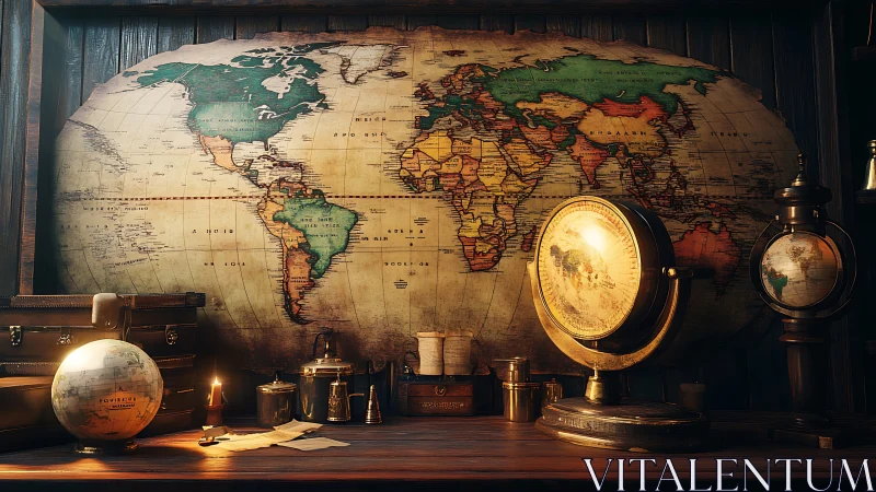 Cartographic study desk with illuminated vintage globes.