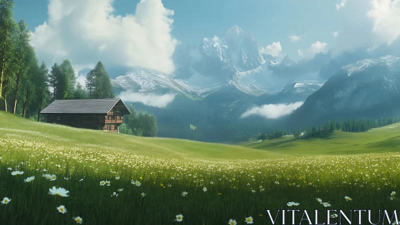 Alpine meadow cabin under towering sunlit mountain peaks.