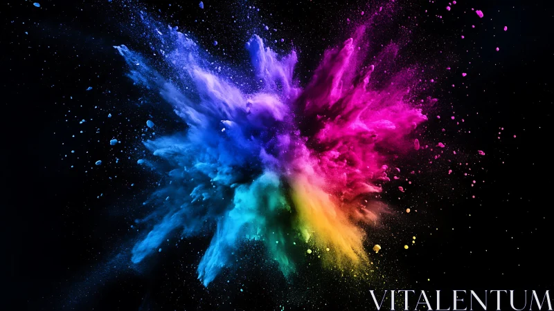 Multicolor powder burst expands radially on dark background