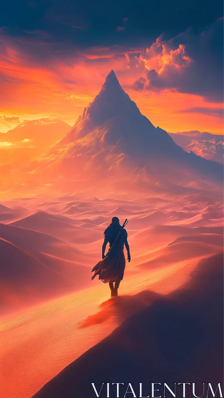 Solitary wanderer threads molten dunes toward dreaming peak