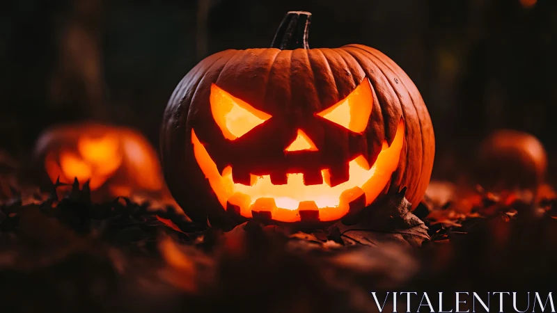 Grinning jack-o’-lantern prowls through autumn leaf shadows