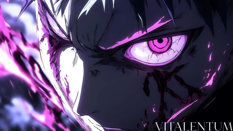 Violet fury gaze igniting a battle-scarred anime antihero.
