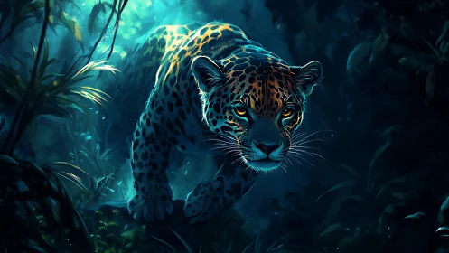 Luminescent Leopard Prowling Jungle Depths