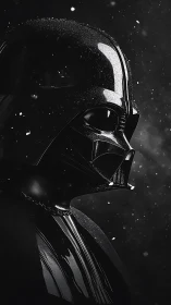 Dark armored sci‑fi figure in profile amid drifting particles.