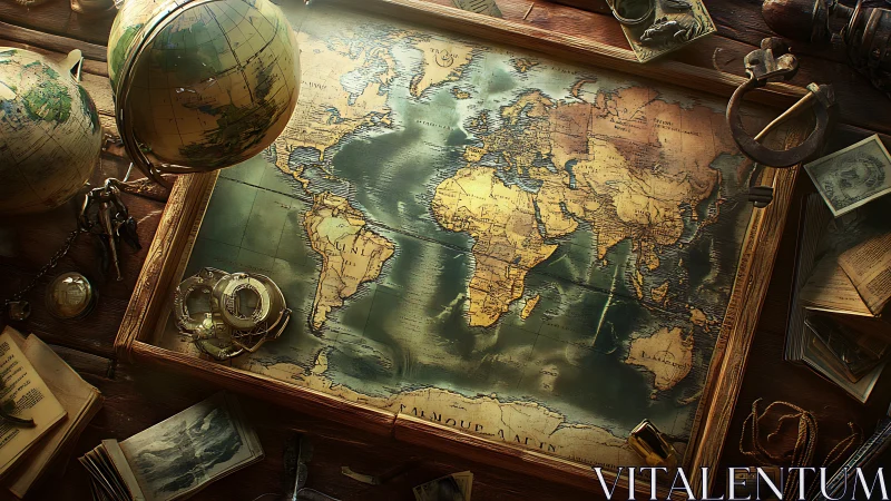 Inviting vintage world map surrounded by travel treasures.