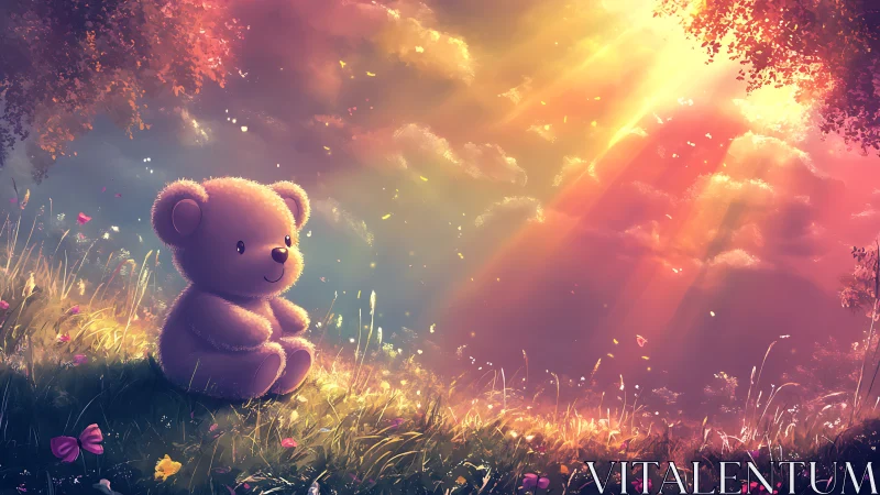 Digital painting of plush bear in radiant twilight meadow.