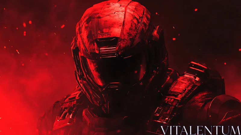 Armored space soldier emerges through crimson battle haze.