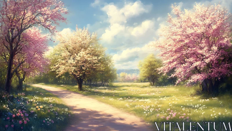 Blossoming spring lane curves through sunlit meadow landscape