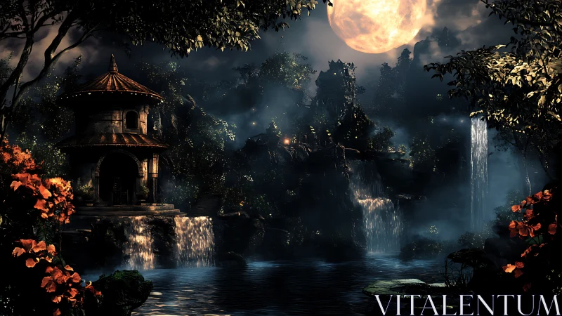Moonlit temple reflects across cascading forest waterfalls.