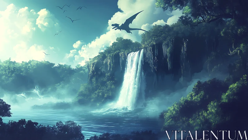 Skyborne dragon over emerald falls in mistbound valley.