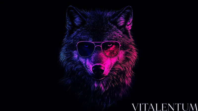 Neon gradient wolf portrait with sunglasses on black ground