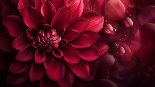 Deep Crimson Dahlia Blossom with Layered Petals and Bokeh Background