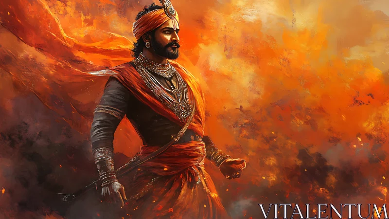 Regal warrior strides through swirling embers and flame.