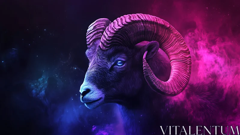 Ram head in neon blue and magenta cosmic environment.