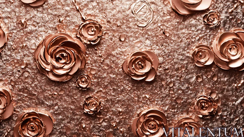 Metallic rose relief pattern with droplets on textured surface.