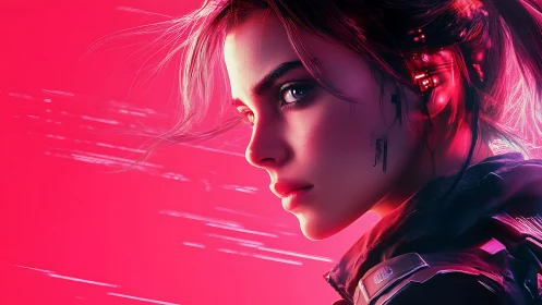 Neon cyber heroine gazes ahead with cool focused intensity