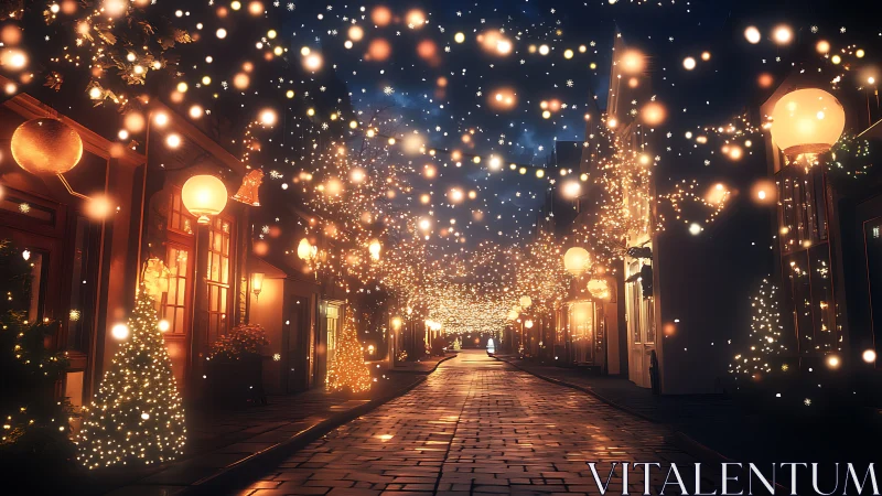 Festive cobblestone street under cascading golden bokeh lights.