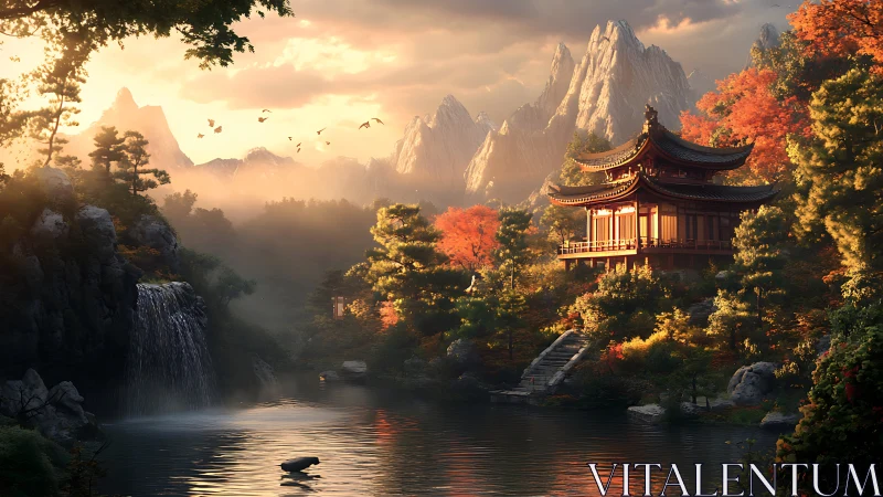 Autumn pagoda dreams beside a misty waterfall at sunrise.