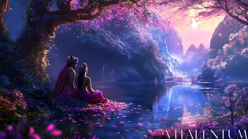 Two figures sit at mystical landscape with glowing water