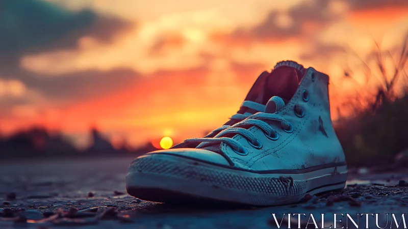 Photorealistic street sneaker study against glowing sunset sky.