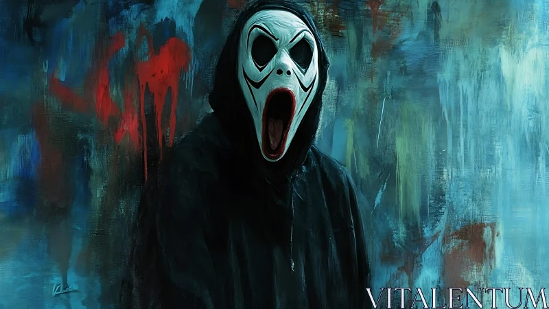 Hooded horror figure with screaming mask against smeared wall.