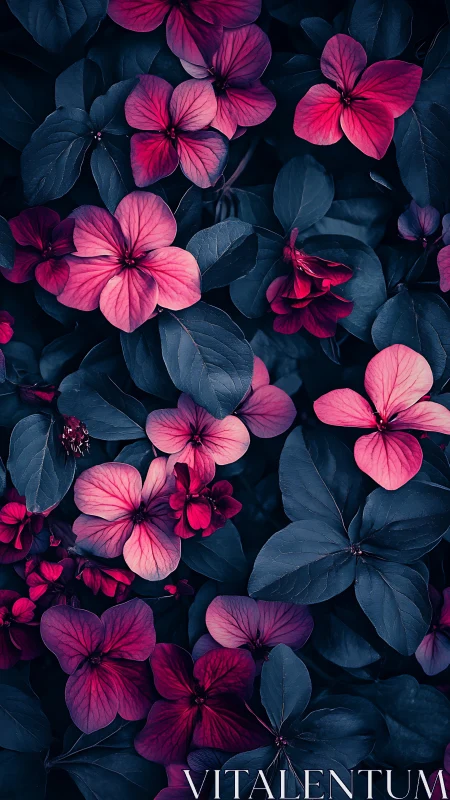 Dichromatic Flora: Pink and Magenta Blooms Against Deep Teal Foliage with Precise Petal Definition