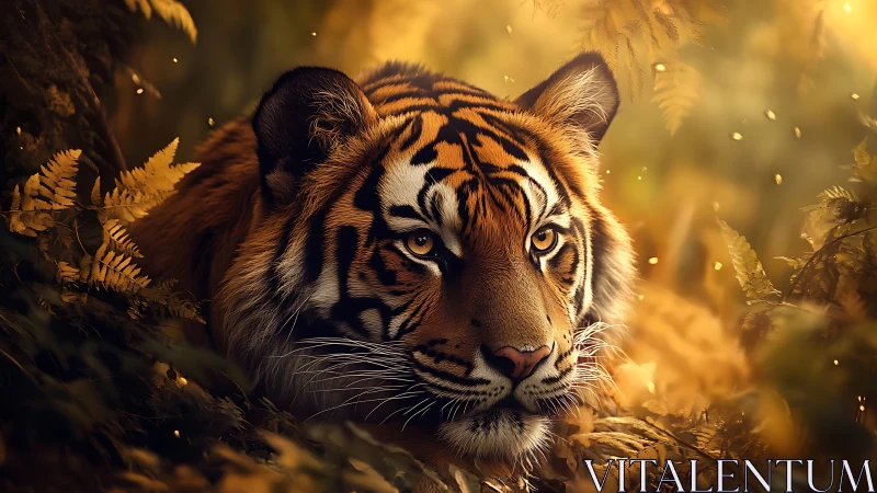 Golden forest tiger rests softly among glowing ferns